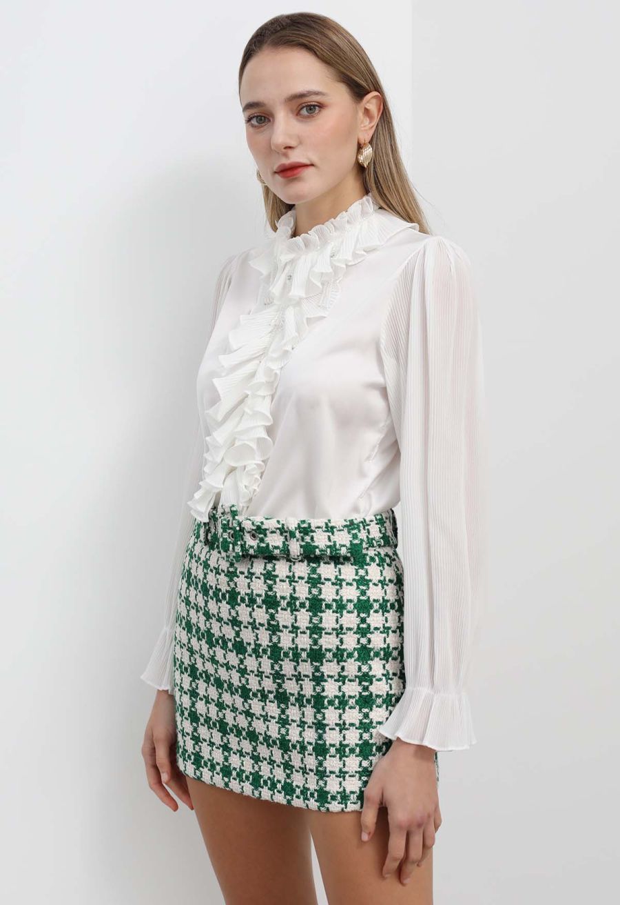 Luscious Ruffle Spliced Plisse Sleeves Top in White