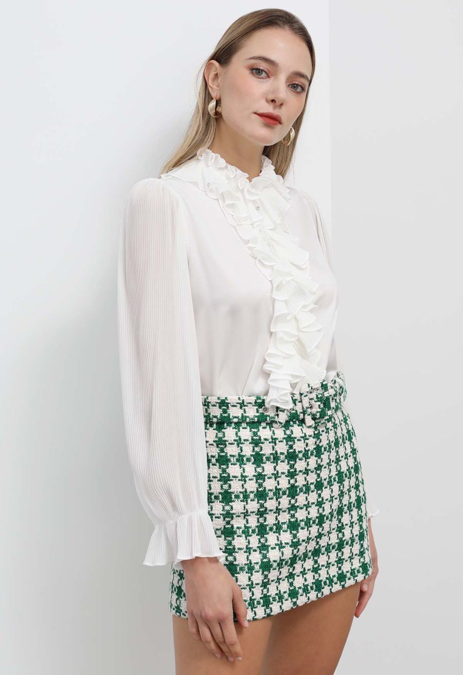 Luscious Ruffle Spliced Plisse Sleeves Top in White