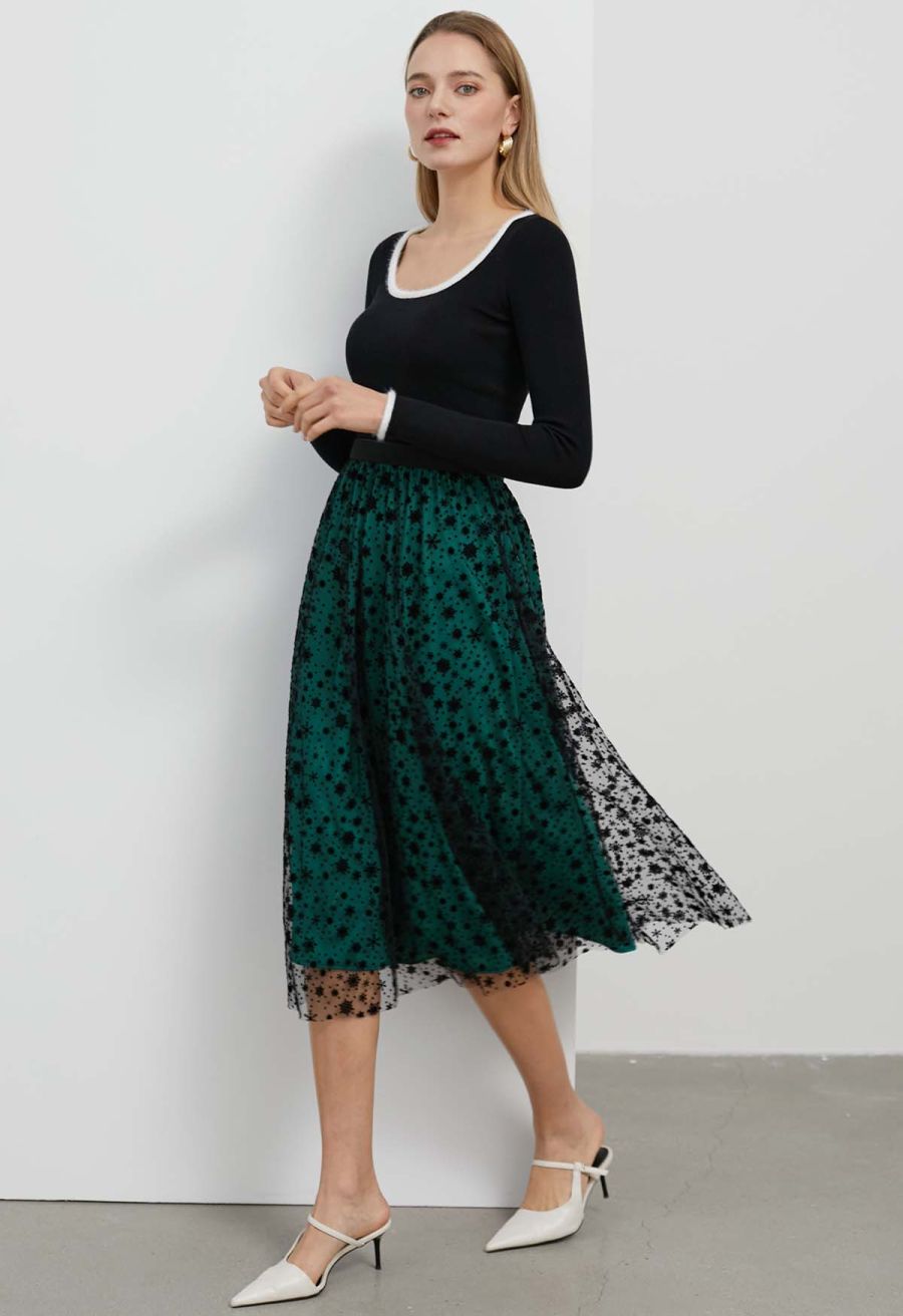 Velvet Snowflake Mesh Tulle Midi Skirt in Dark Green