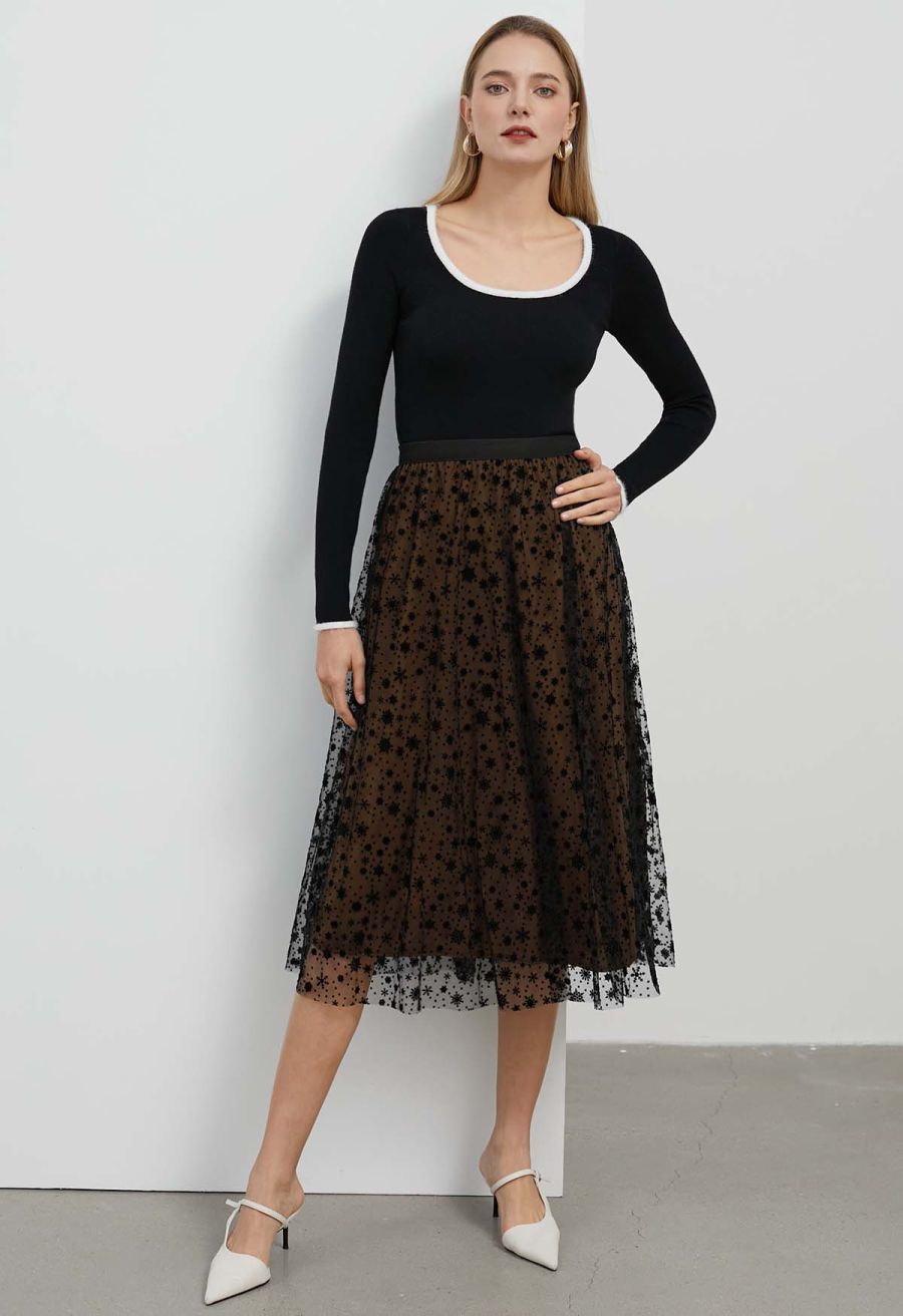 Velvet Snowflake Mesh Tulle Midi Skirt in Tan