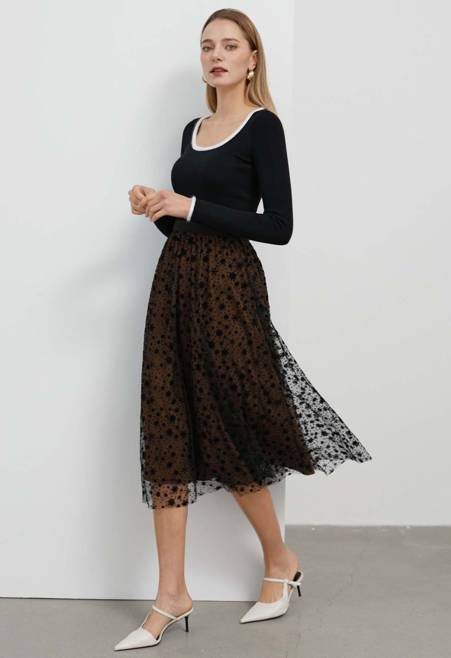 Velvet Snowflake Mesh Tulle Midi Skirt in Tan