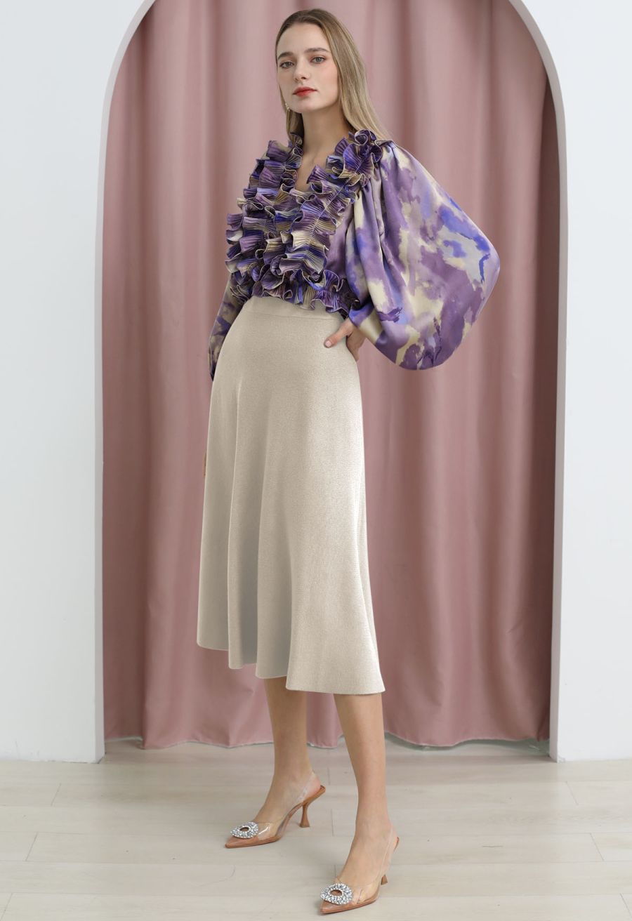 Solid Color A-Line Knit Midi Skirt in Ivory