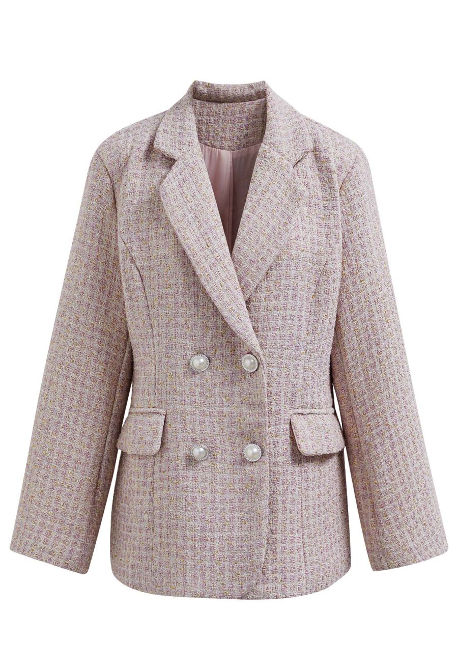 Metallic Tweed Double Breasted Blazer in Light Pink