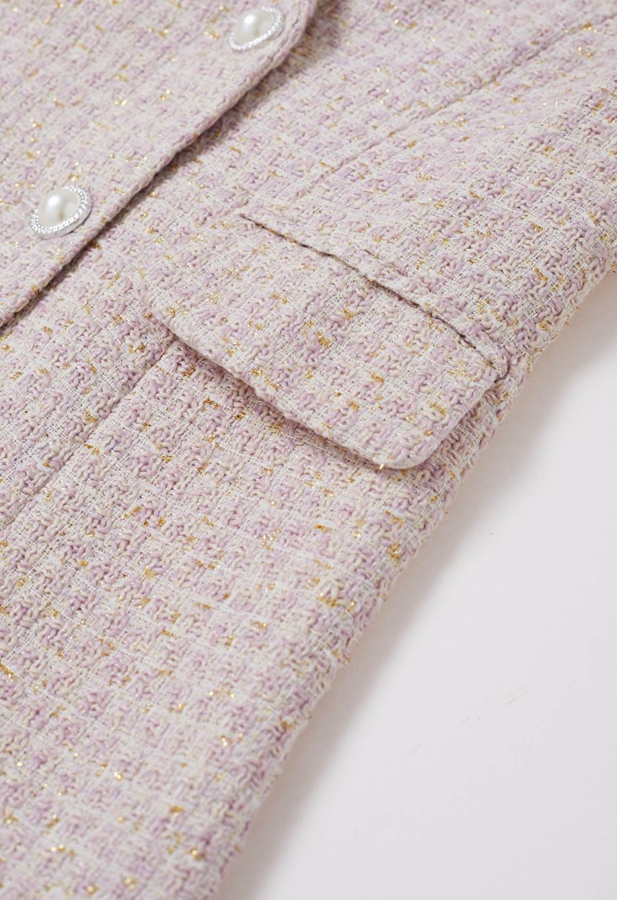 Metallic Tweed Double Breasted Blazer in Light Pink