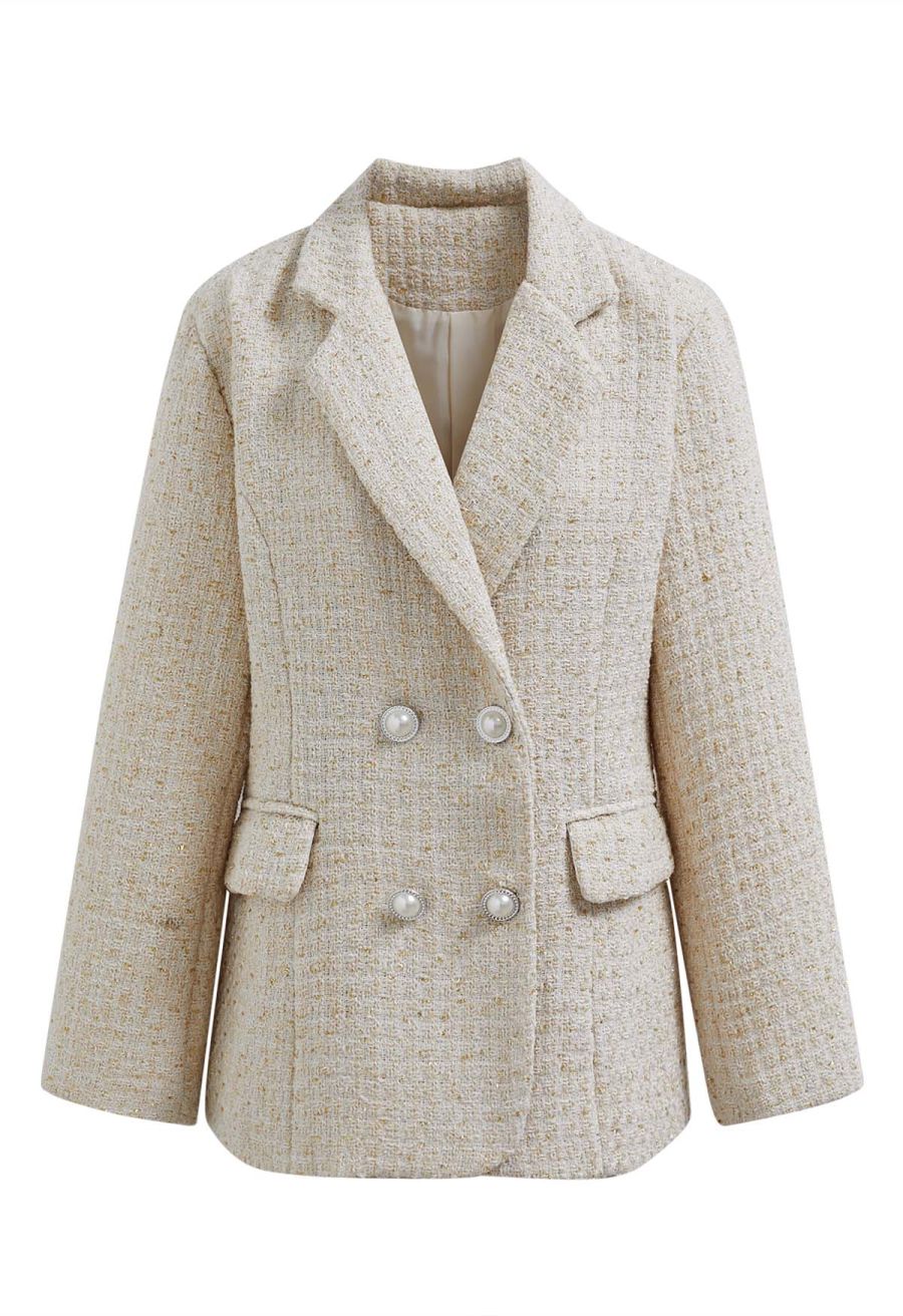 Metallic Tweed Double Breasted Blazer in Cream
