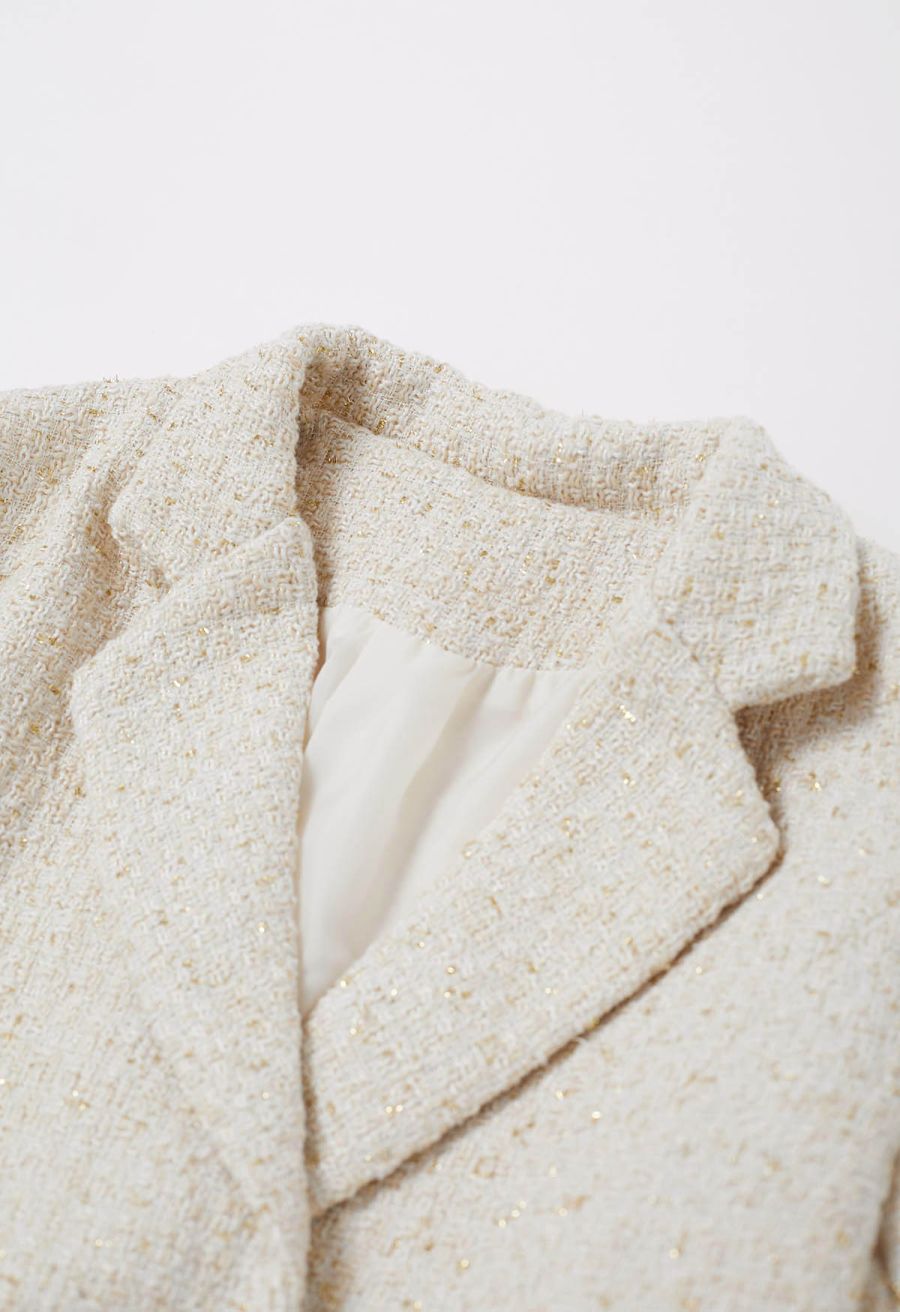 Metallic Tweed Double Breasted Blazer in Cream