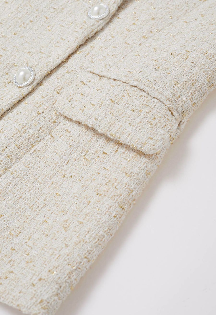 Metallic Tweed Double Breasted Blazer in Cream