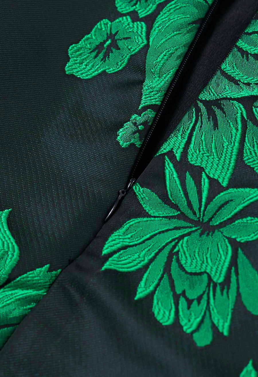 Emerald Blossom Jacquard A-Line Maxi Skirt