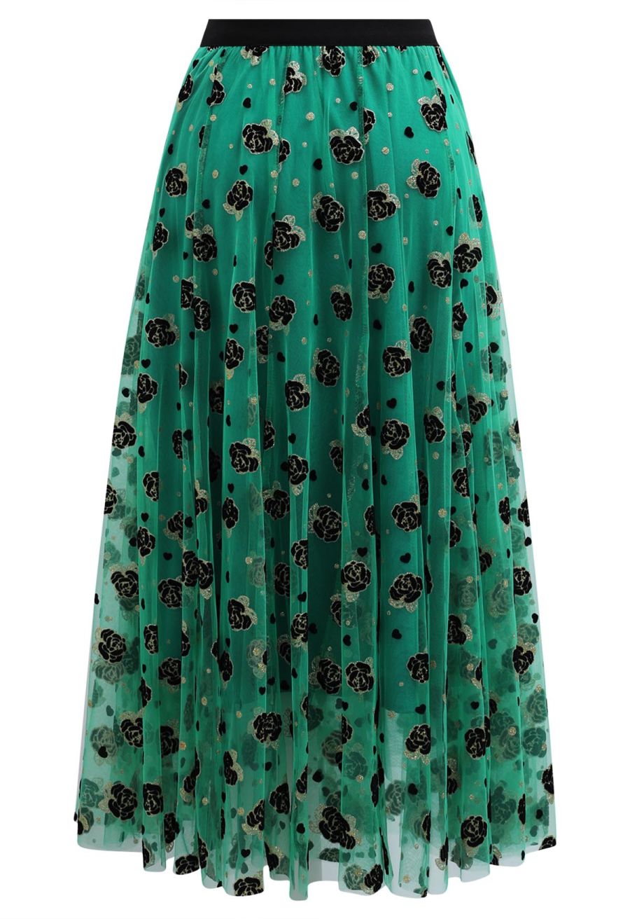 Glitter Velvet Rose Mesh Tulle Midi Skirt in Green