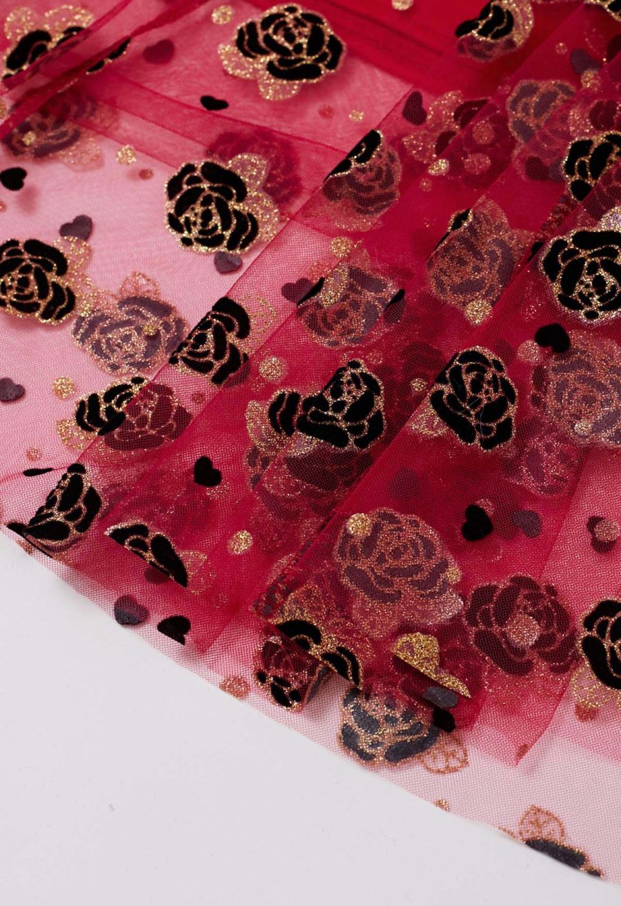 Glitter Velvet Rose Mesh Tulle Midi Skirt in Red