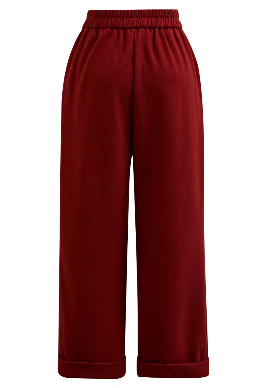 Comfy Chunky Straight-Leg Cuffed Pants in Rust Red