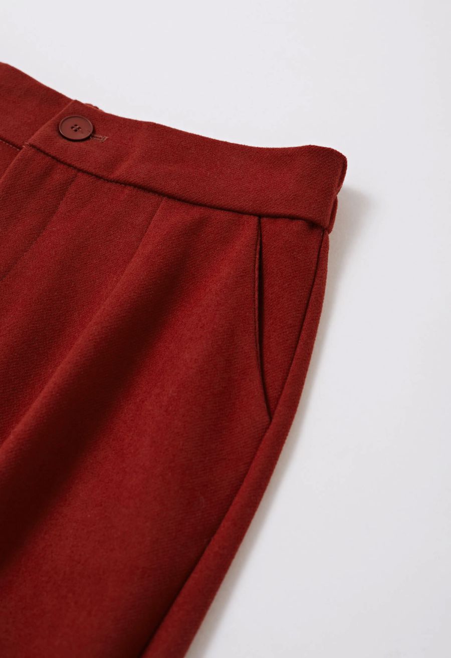 Comfy Chunky Straight-Leg Cuffed Pants in Rust Red