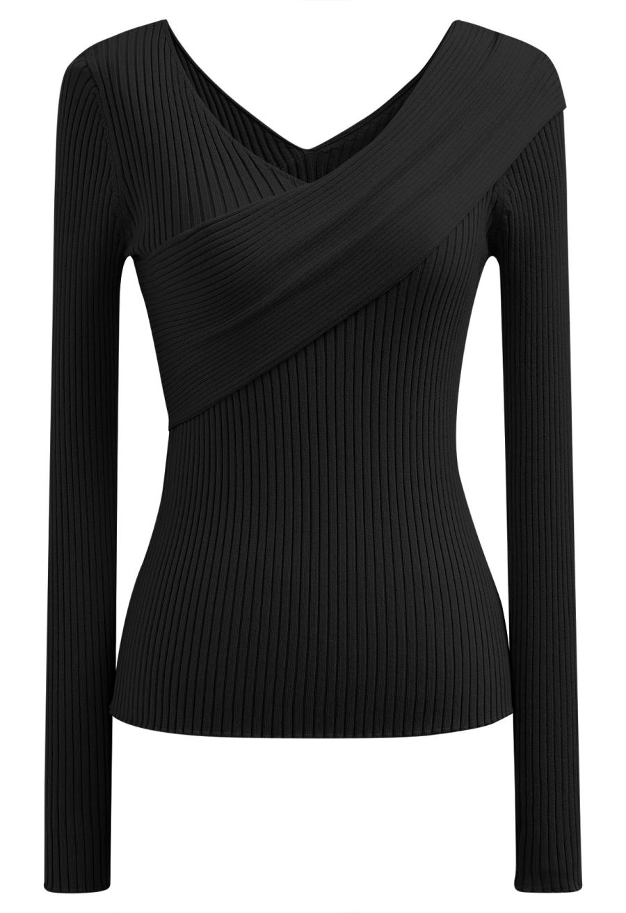 Crisscross Full Ribbed Knit Top in Black