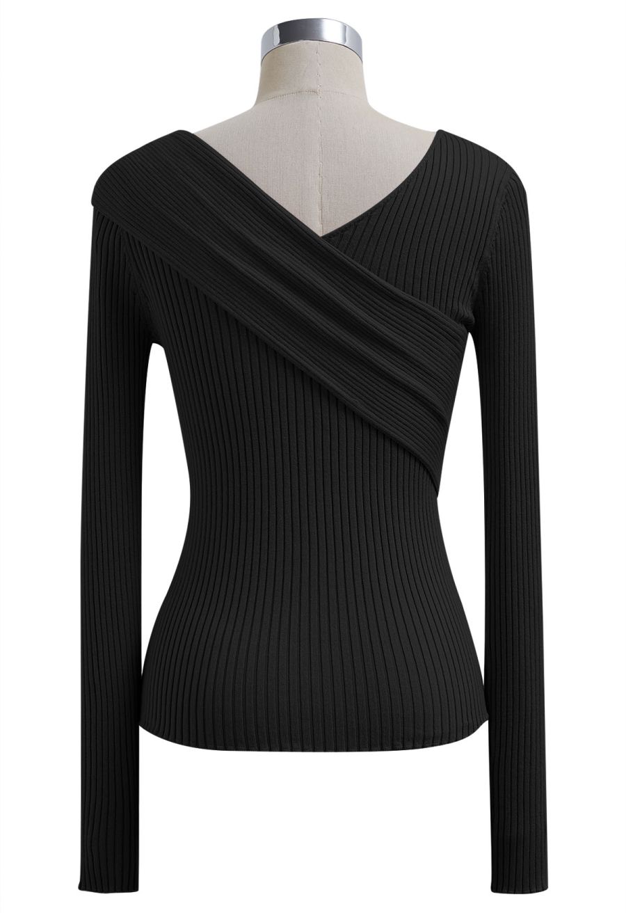 Crisscross Full Ribbed Knit Top in Black