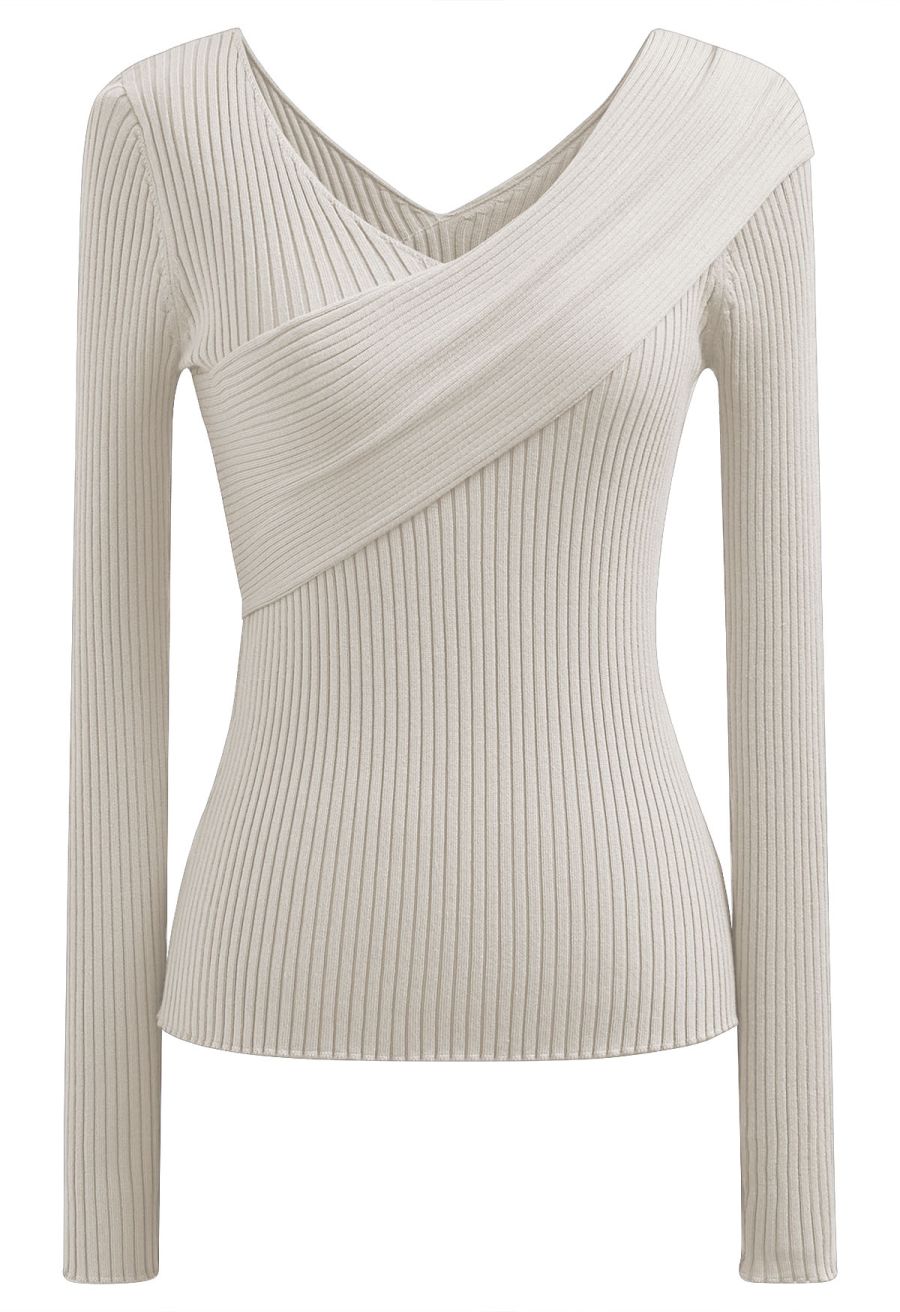 Crisscross Full Ribbed Knit Top in Cream