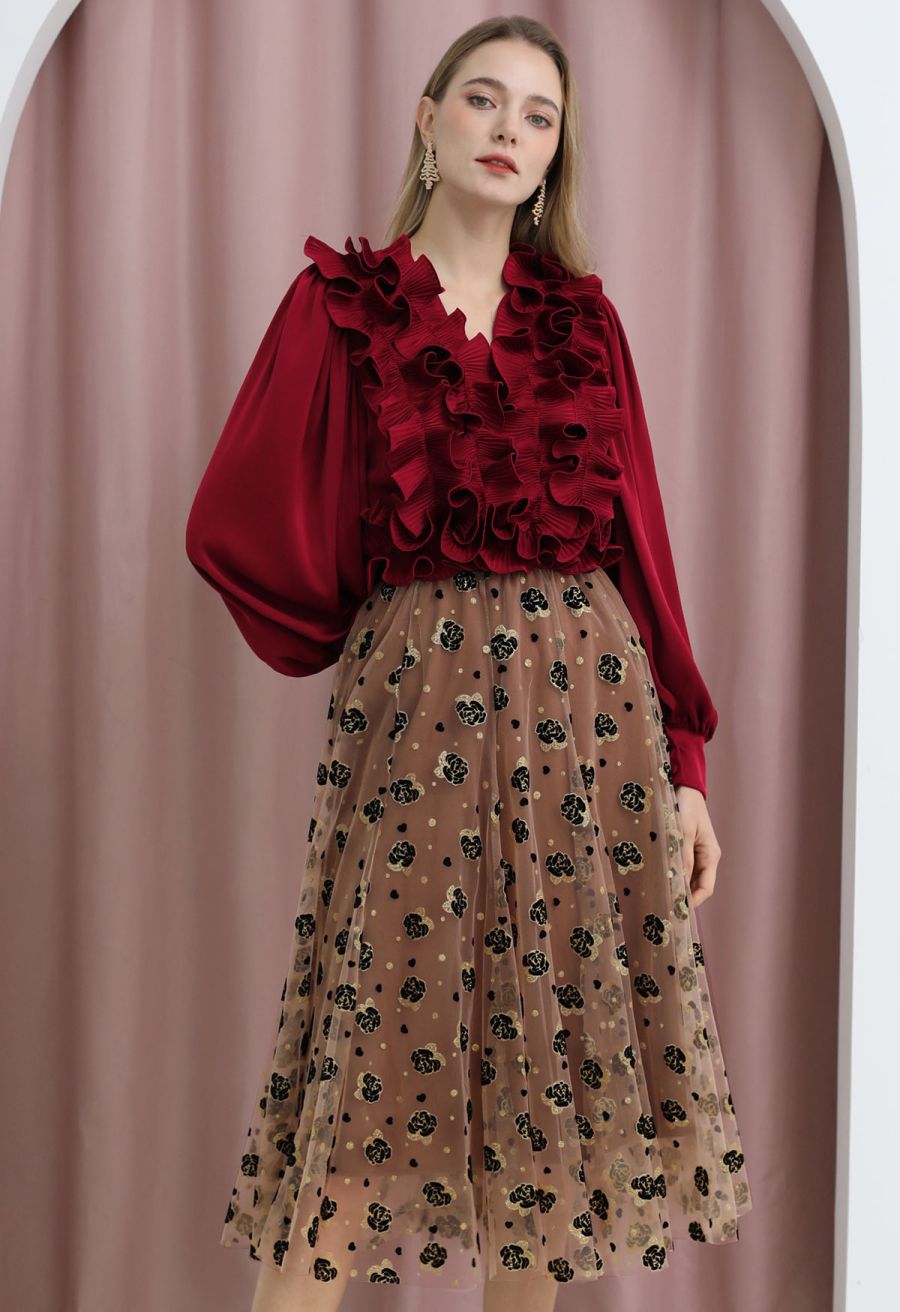 Glitter Velvet Rose Mesh Tulle Midi Skirt in Light Tan
