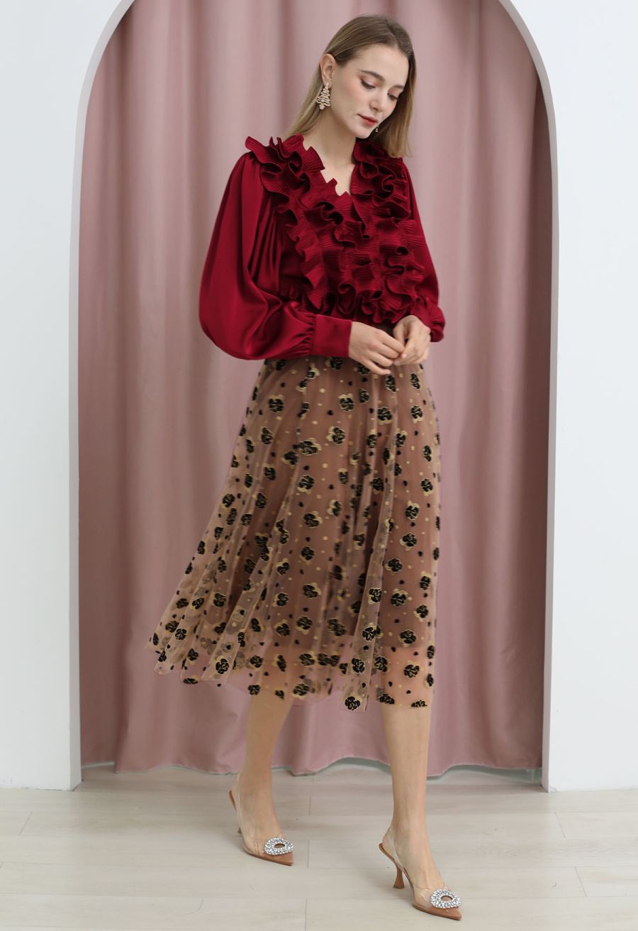 Glitter Velvet Rose Mesh Tulle Midi Skirt in Light Tan