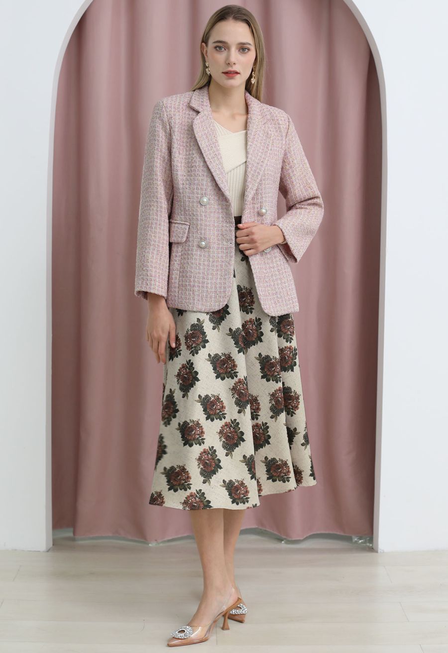 Metallic Tweed Double Breasted Blazer in Light Pink
