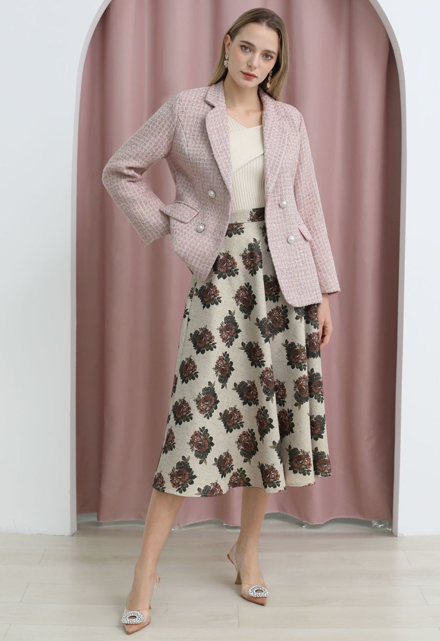 Metallic Tweed Double Breasted Blazer in Light Pink