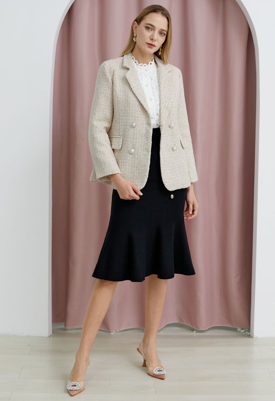 Metallic Tweed Double Breasted Blazer in Cream