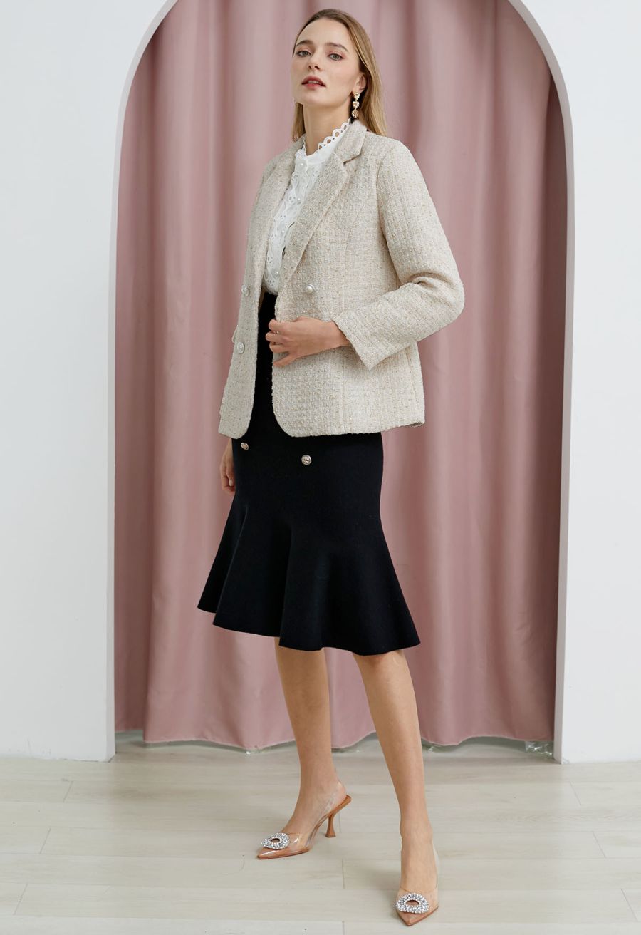 Metallic Tweed Double Breasted Blazer in Cream