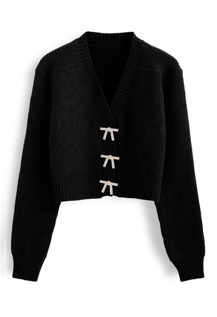 Bowknot Brooch Button Up Crop Knit Cardigan in Black