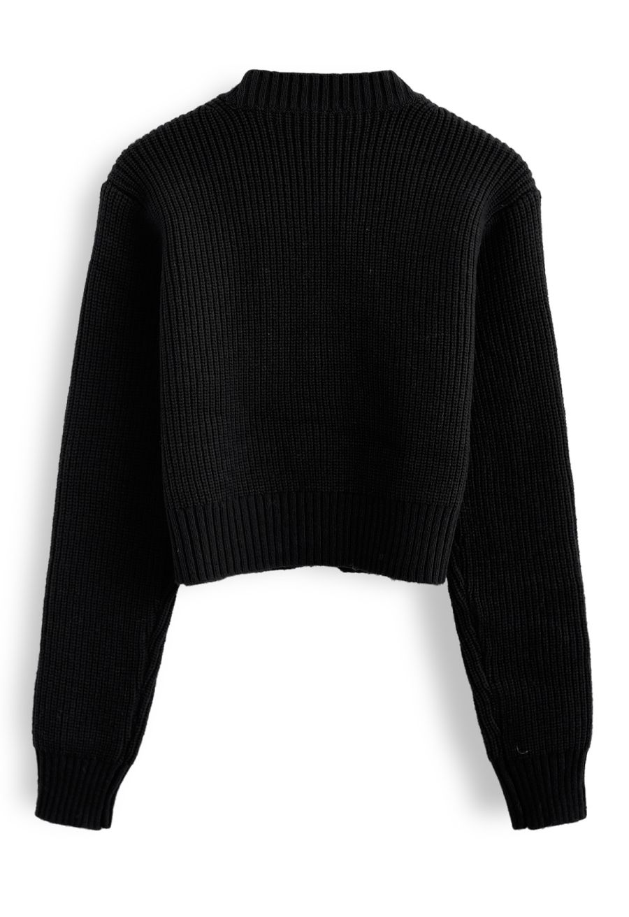 Bowknot Brooch Button Up Crop Knit Cardigan in Black