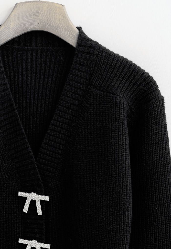 Bowknot Brooch Button Up Crop Knit Cardigan in Black