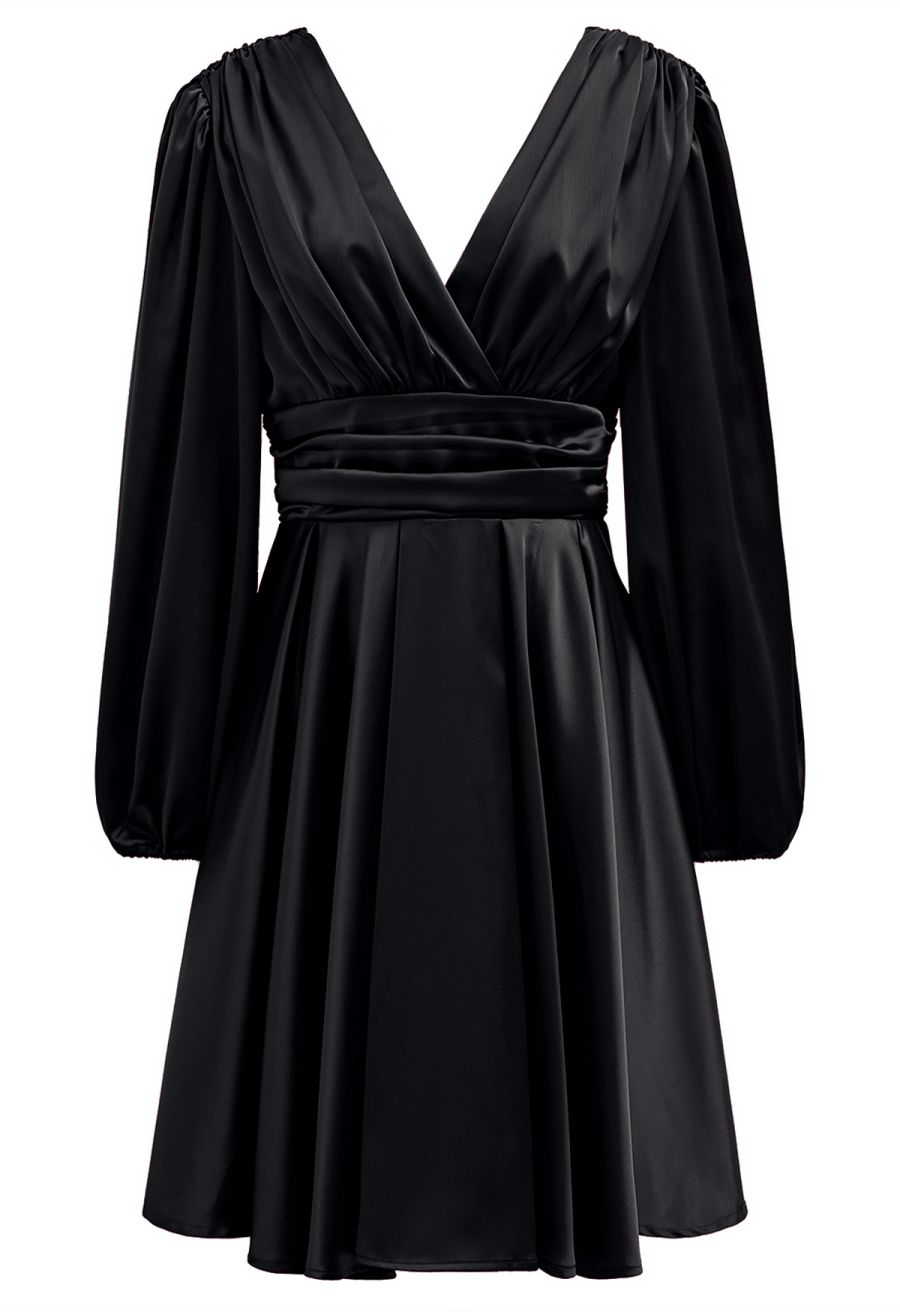 Plunging V-Neck Ruched Waist Satin Dress in Black