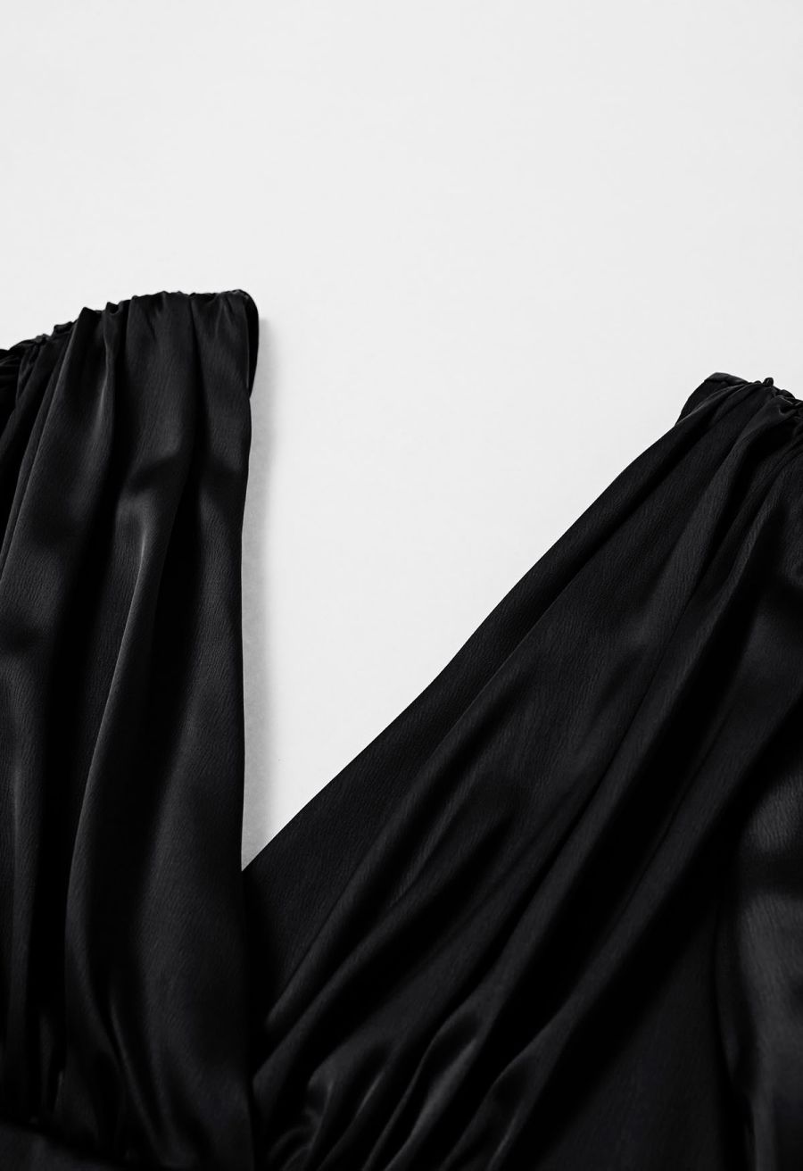 Plunging V-Neck Ruched Waist Satin Dress in Black