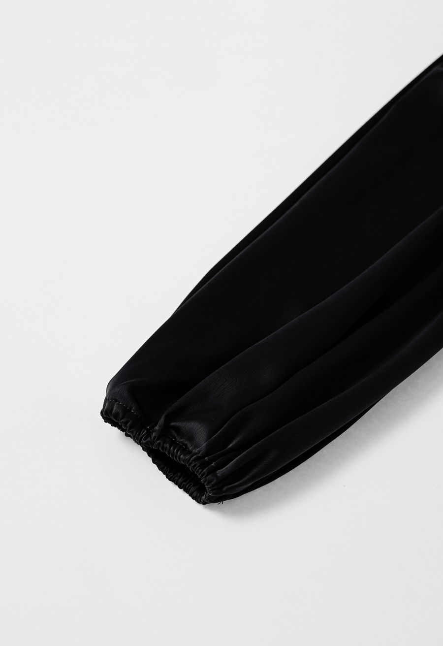 Plunging V-Neck Ruched Waist Satin Dress in Black