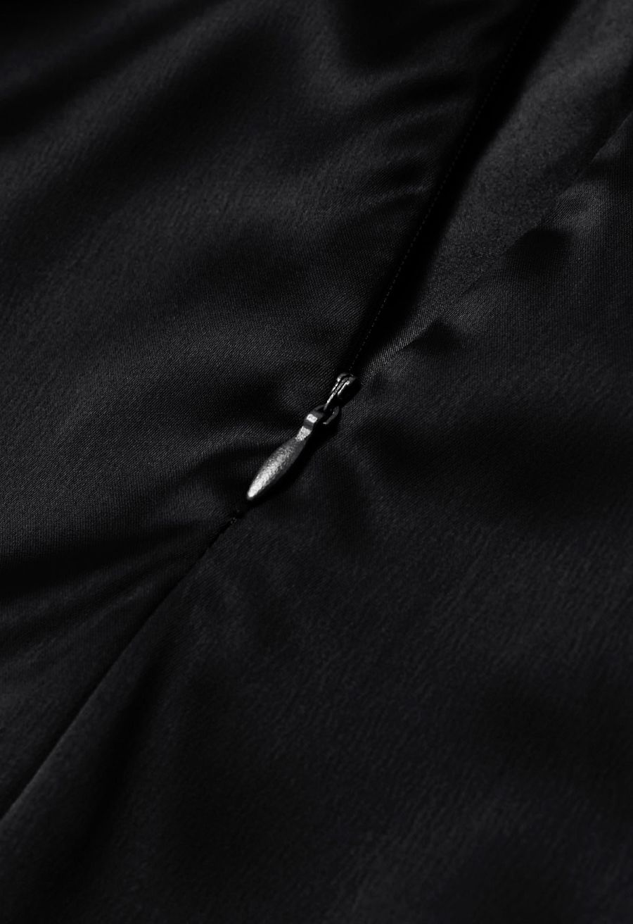 Plunging V-Neck Ruched Waist Satin Dress in Black