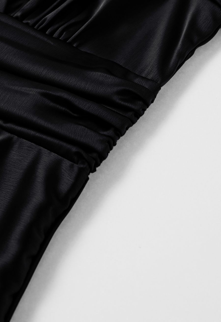 Plunging V-Neck Ruched Waist Satin Dress in Black