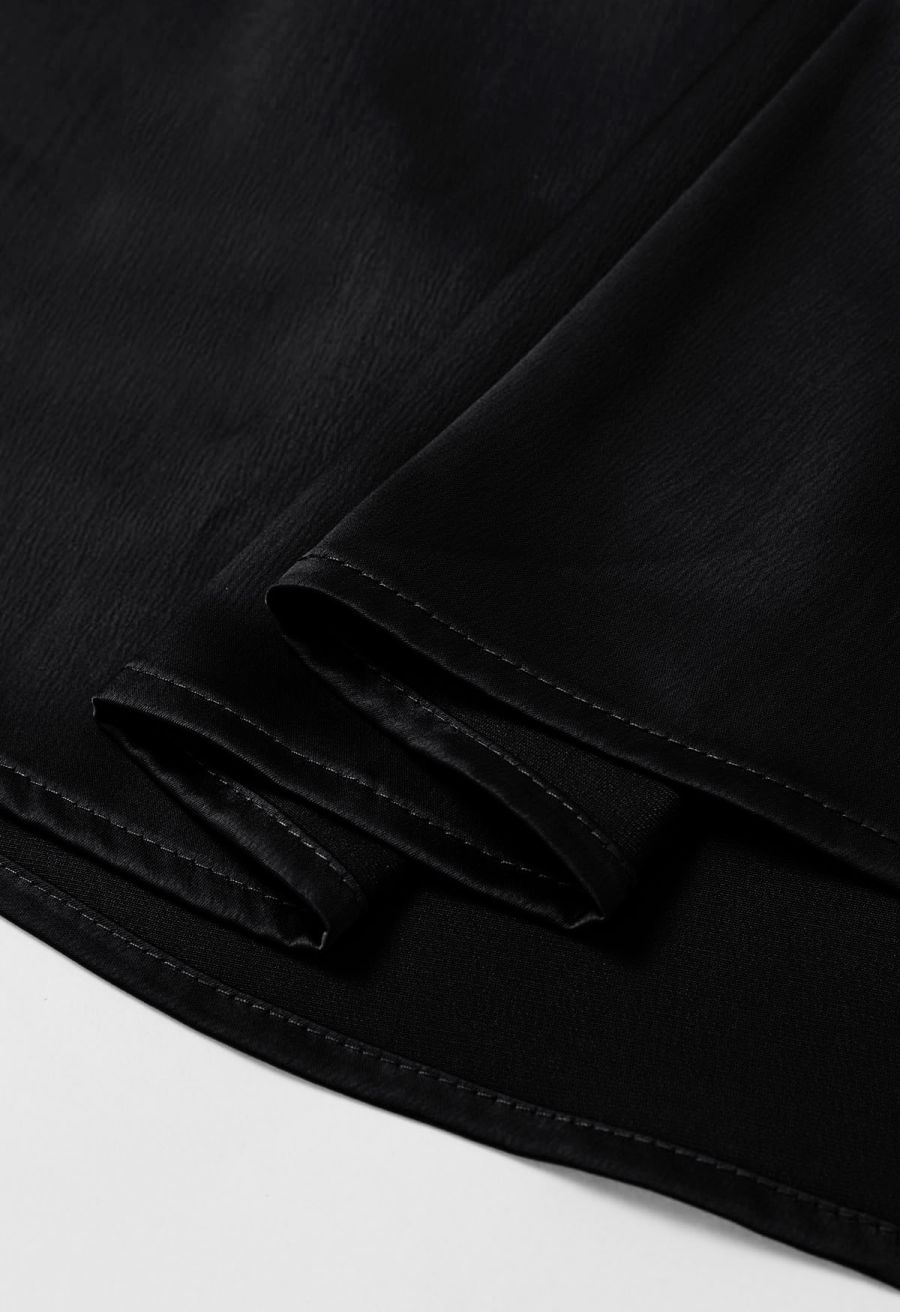 Plunging V-Neck Ruched Waist Satin Dress in Black
