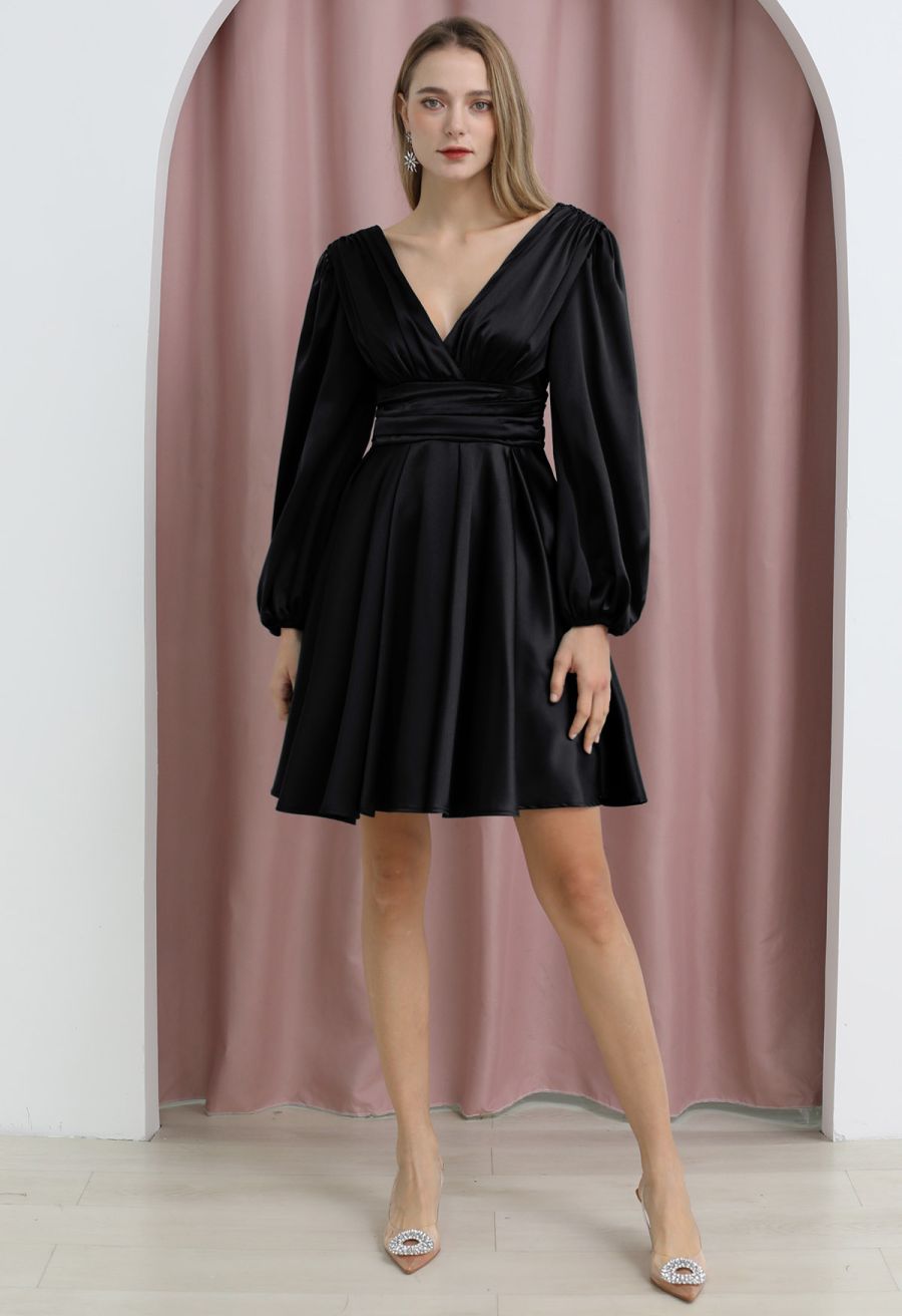 Plunging V-Neck Ruched Waist Satin Dress in Black