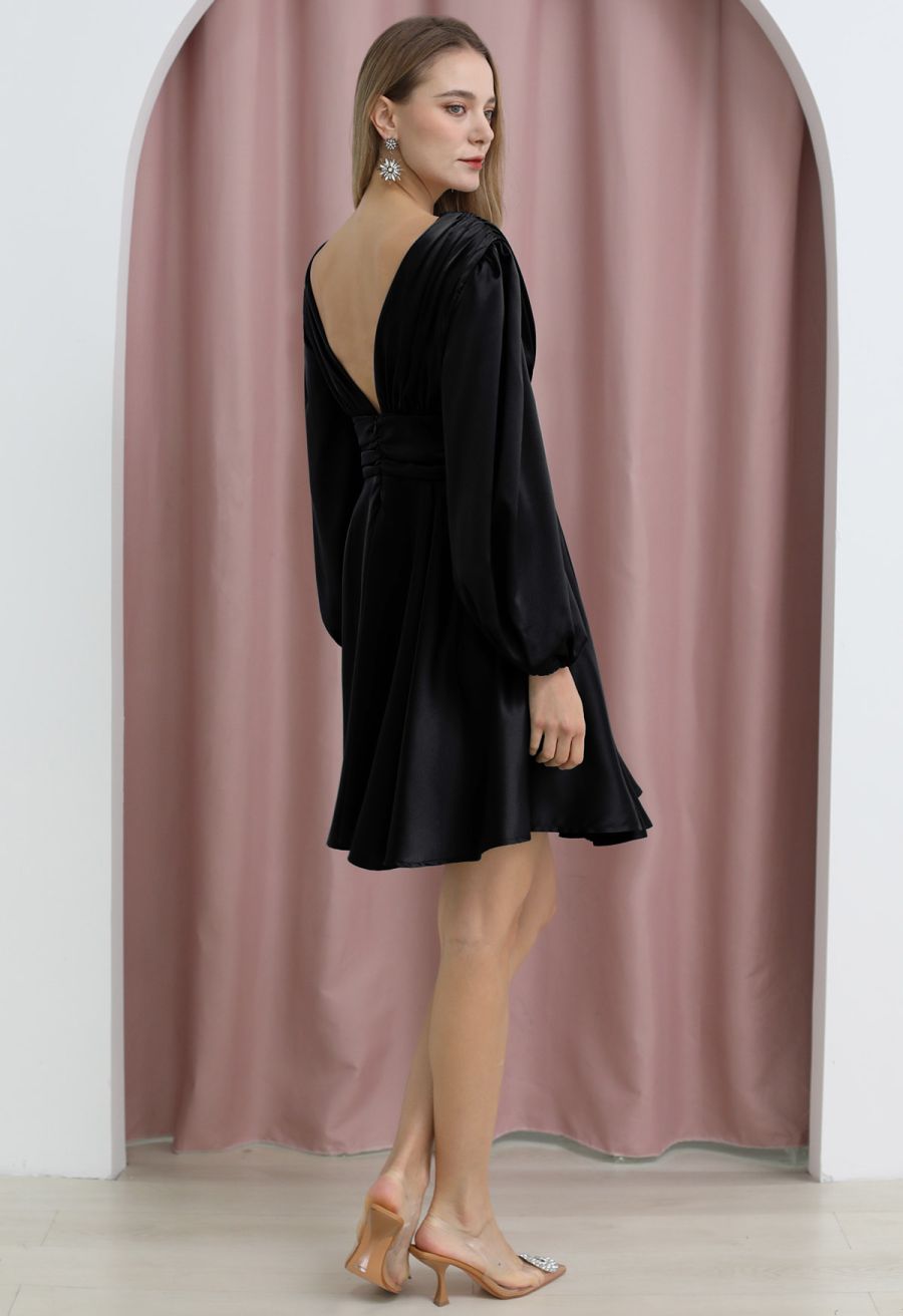 Plunging V-Neck Ruched Waist Satin Dress in Black