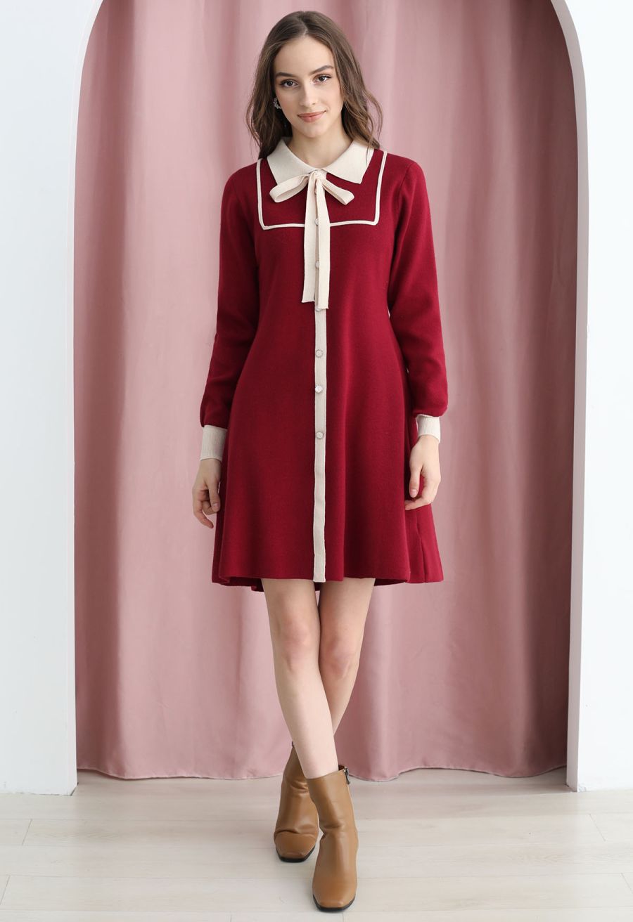 Contrast Edge Polo Knit Dress in Red