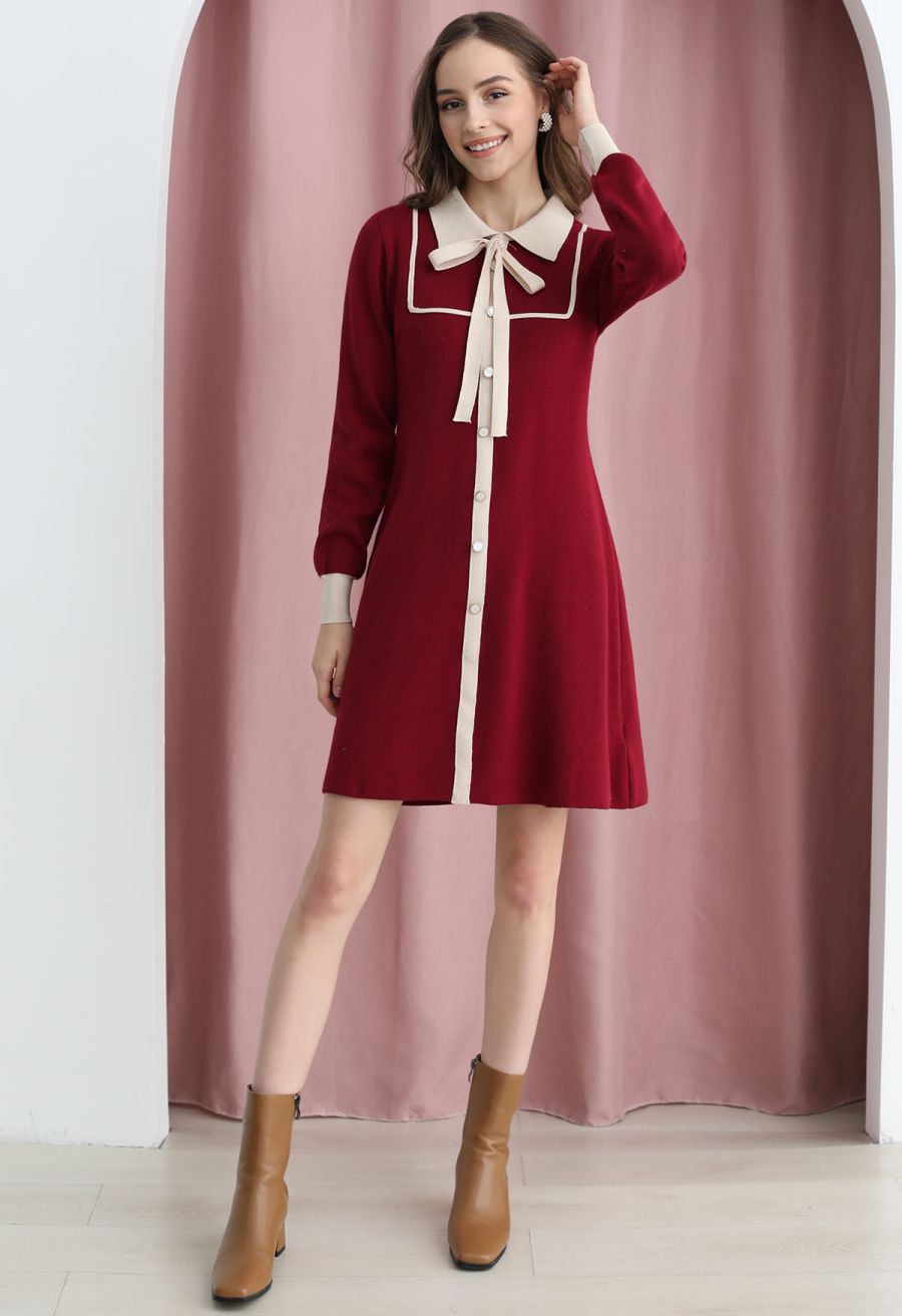 Contrast Edge Polo Knit Dress in Red