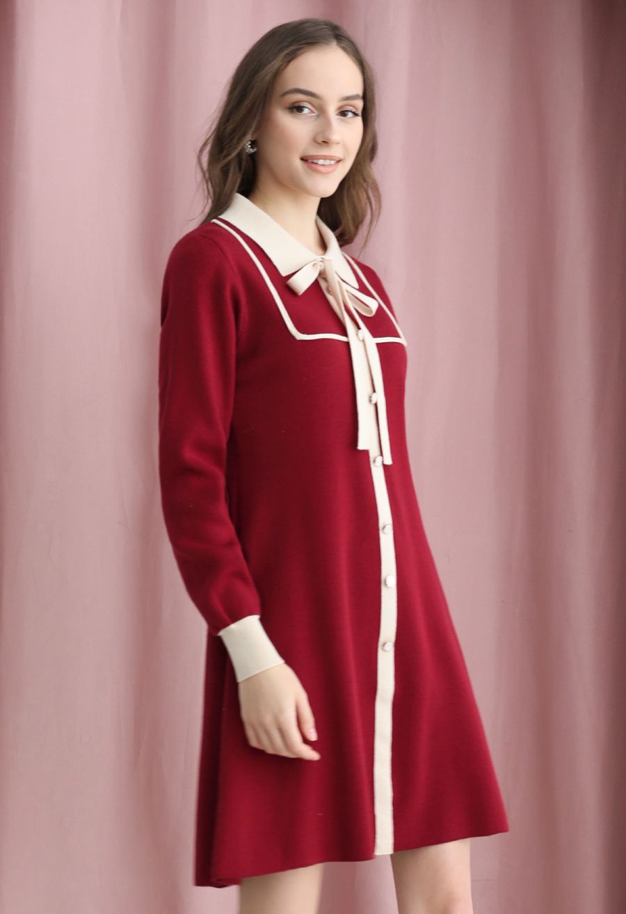 Contrast Edge Polo Knit Dress in Red
