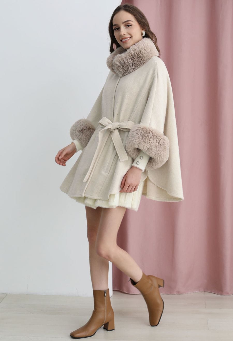 Self-Tie Bowknot Faux Fur Poncho in Oatmeal