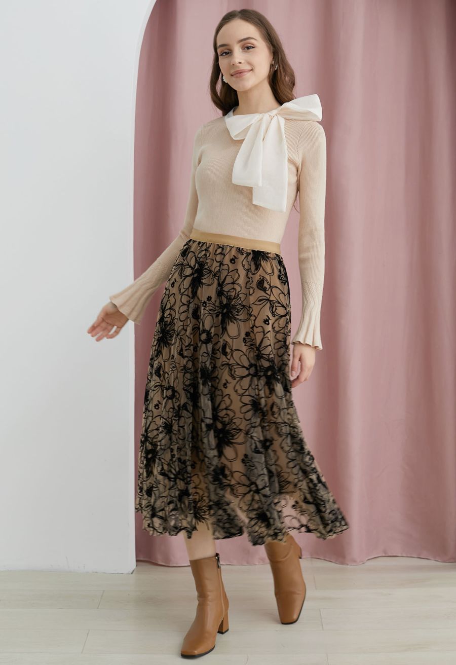 Velvet Flower Blossom Mesh Tulle Skirt in Caramel