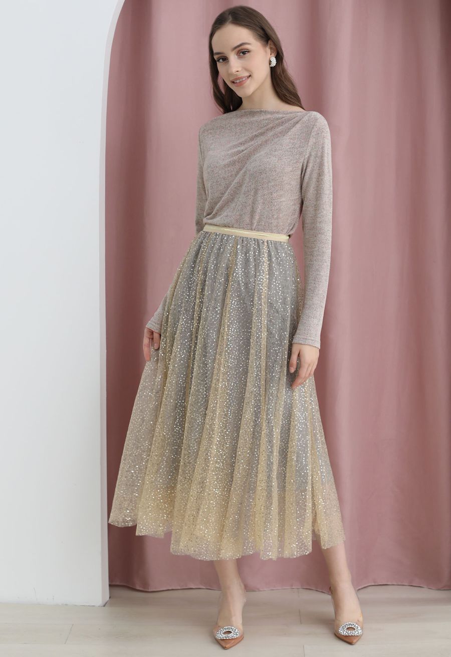 Shimmer Sequins Embroidered Mesh Tulle Pleated Skirt 