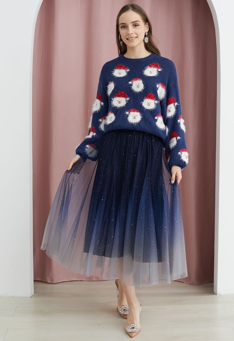 Fuzzy Santa Claus Knit Top in Indigo