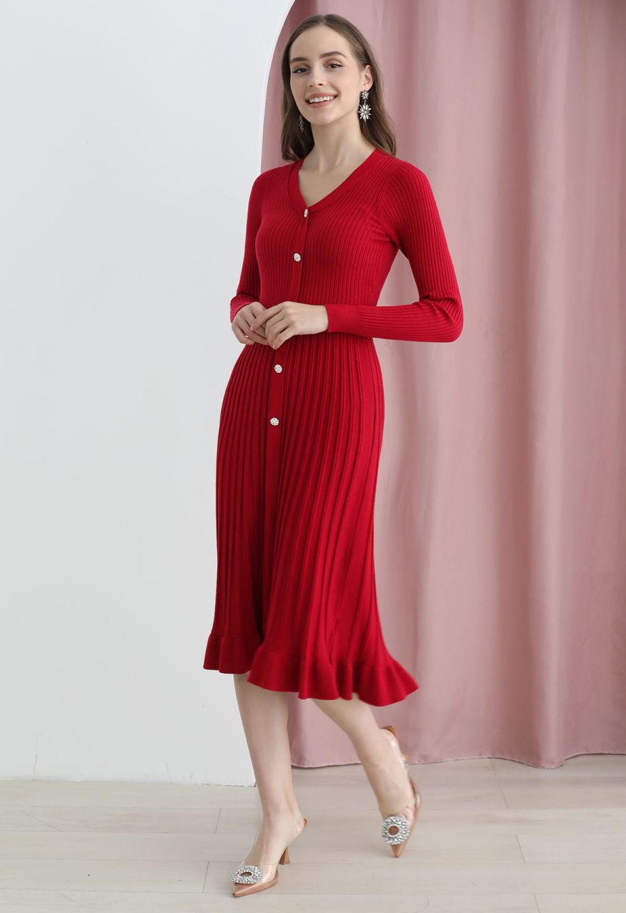 Button Front Ribbed Knit A-line Midi Dress in Red
