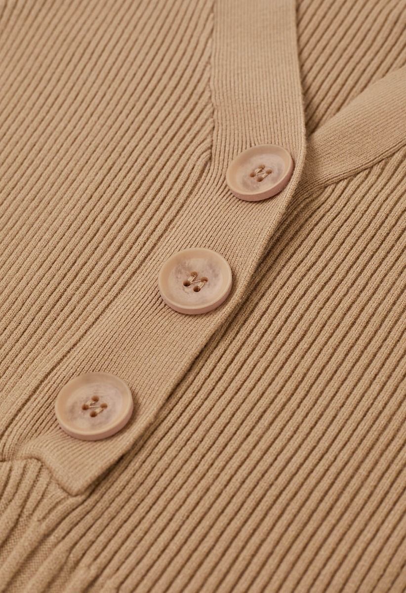 Button Detail Ribbed Knit Dress in Camel