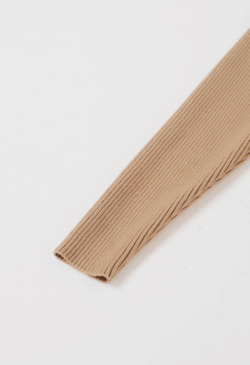 Button Detail Ribbed Knit Dress in Camel