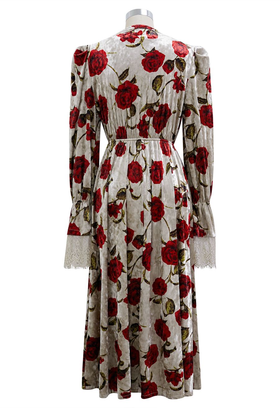 Rose Print Faux-Wrap Velvet Midi Dress
