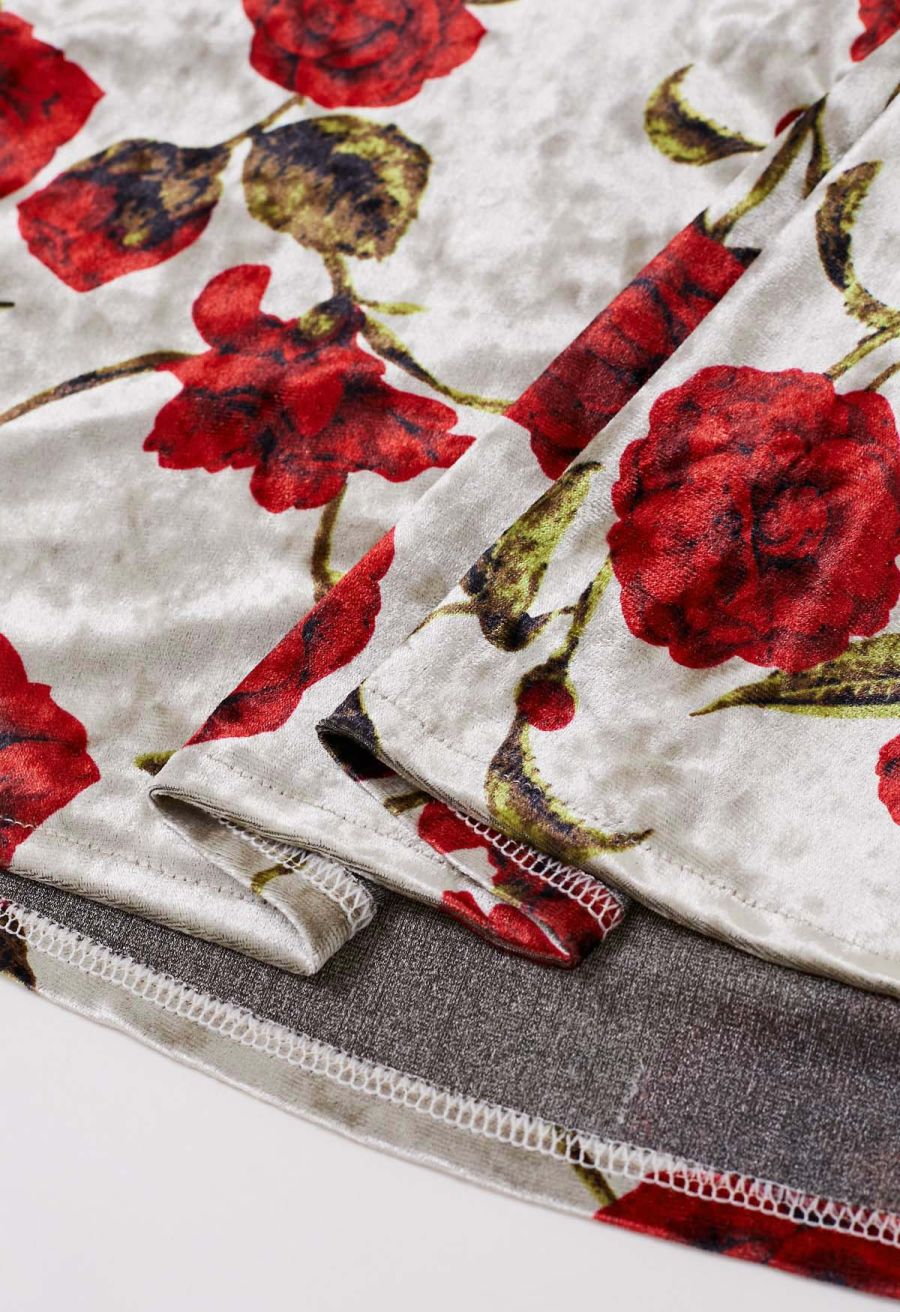 Rose Print Faux-Wrap Velvet Midi Dress