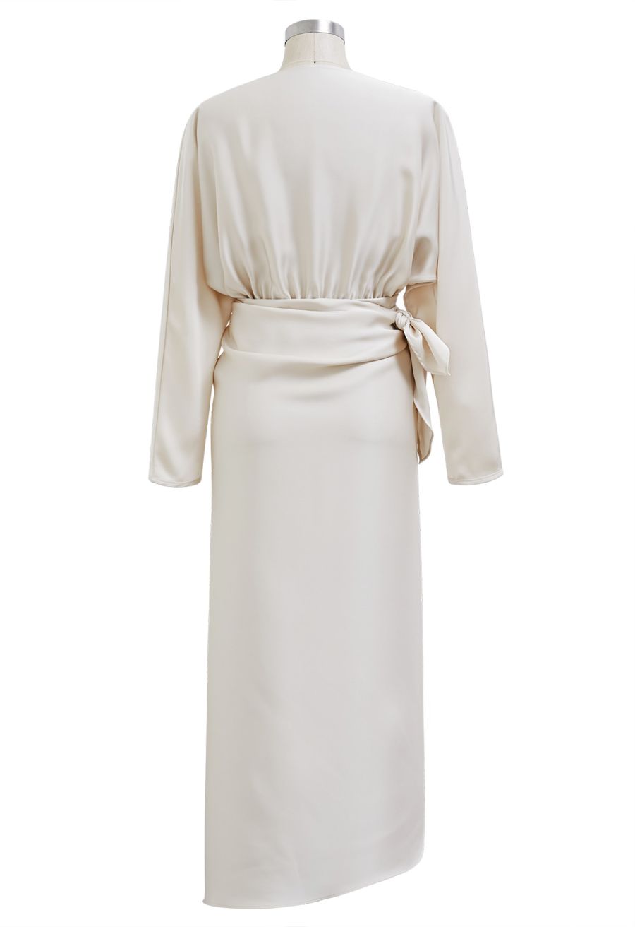 Satin Boat Neck Wrapped Waist Maxi Dress in Ivory