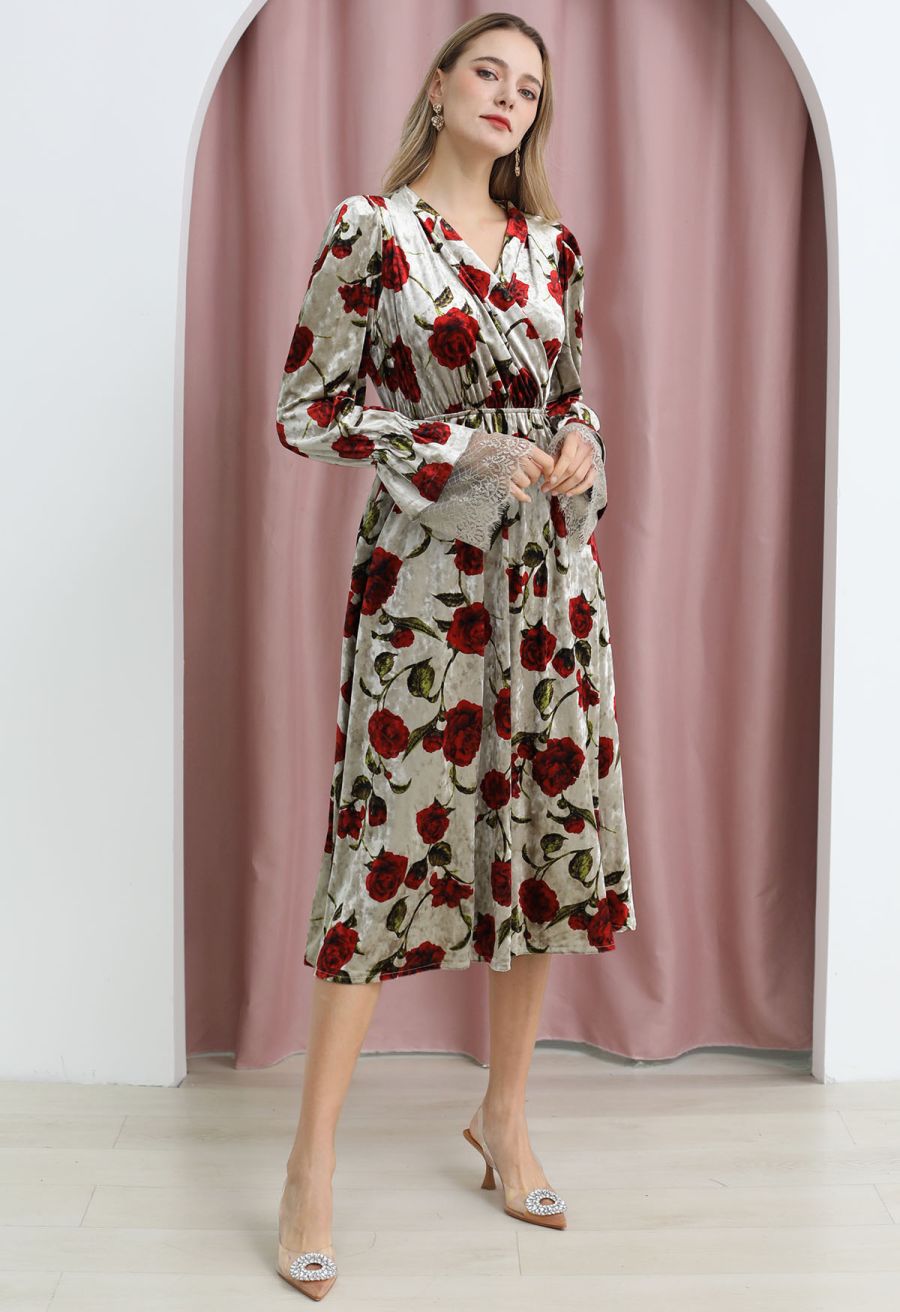 Rose Print Faux-Wrap Velvet Midi Dress